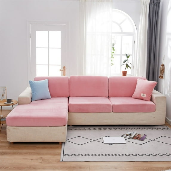 SHANNA Soft Velvet Sofa Cushion Covers, Universal Wear-Resistant Sofa Slipcover Couch Cushion Covers for Sectional Sofa L Shape Furniture Protector (Pink, Chaise Cover)
