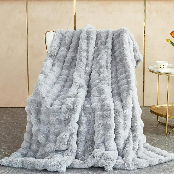 SHANNA Soft Warm Rabbit Plush Fleece Blankets Thick 1000 GSM Throws for Sofa, Large Fluffy Versatile Blanket Bed Throw for Bedroom, Couch, Light Gray, 51"L x 63"W