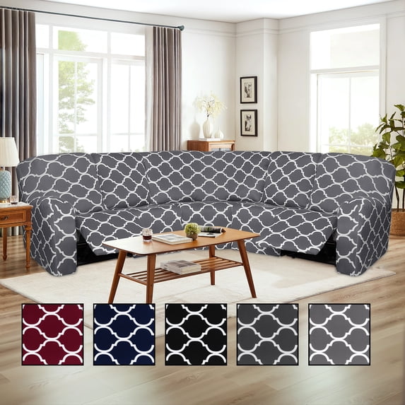 SHANNA Stretch L Shape Sectional Recliner Sofa Covers, 7-Piece Reclining Couch Covers for Reclining Sofa, Furniture Protector, Light Gray