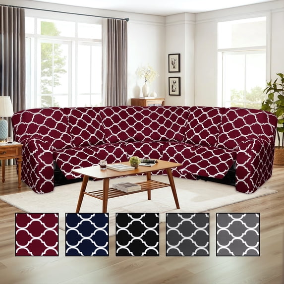SHANNA Stretch L Shape Sectional Recliner Sofa Covers, 7-Piece Reclining Couch Covers for Reclining Sofa, Furniture Protector, Wine Red
