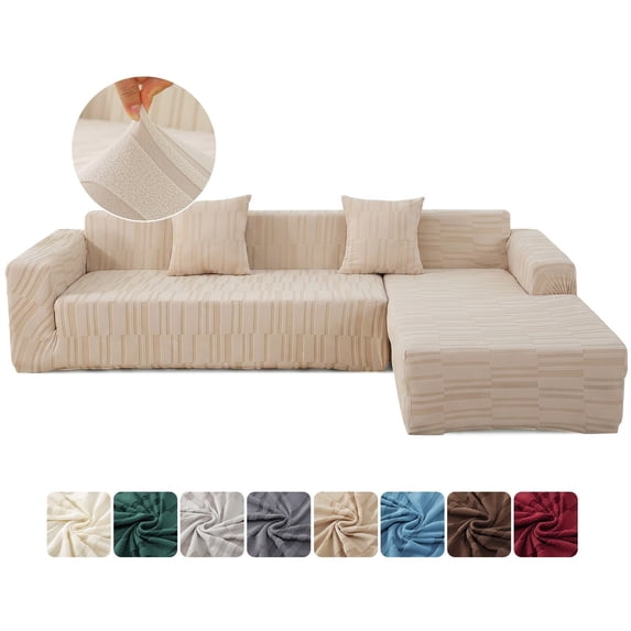 SHANNA Stretch Sectional Couch Covers Non Slip L Shaped Sofa Slipcover with Elastic Bottom Washable Couch Protector with 2 Pillowcases (Camel, 3+3 Seater)