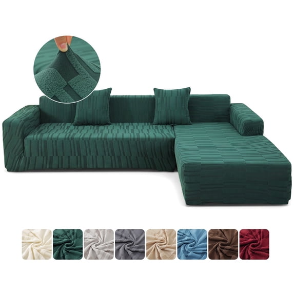 SHANNA Stretch Sectional Couch Covers Non Slip L Shaped Sofa Slipcover with Elastic Bottom Washable Couch Protector with 2 Pillowcases (Dark Green, 3+4 Seater)