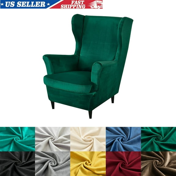 SHANNA Stretch Wingback Chair Covers, Velvet Wing Chair Slipcover Soft Furniture Covers For Living Room Bedroom Hotel (Dark Green)