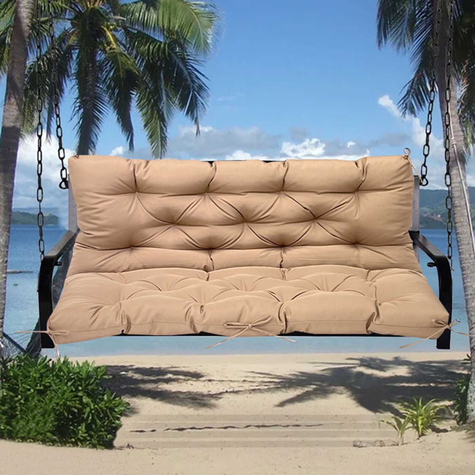 SHANNA Swing Cushion with Backrest and Ties, 4" Thick, Waterproof Cotton Seat Pad, Khaki