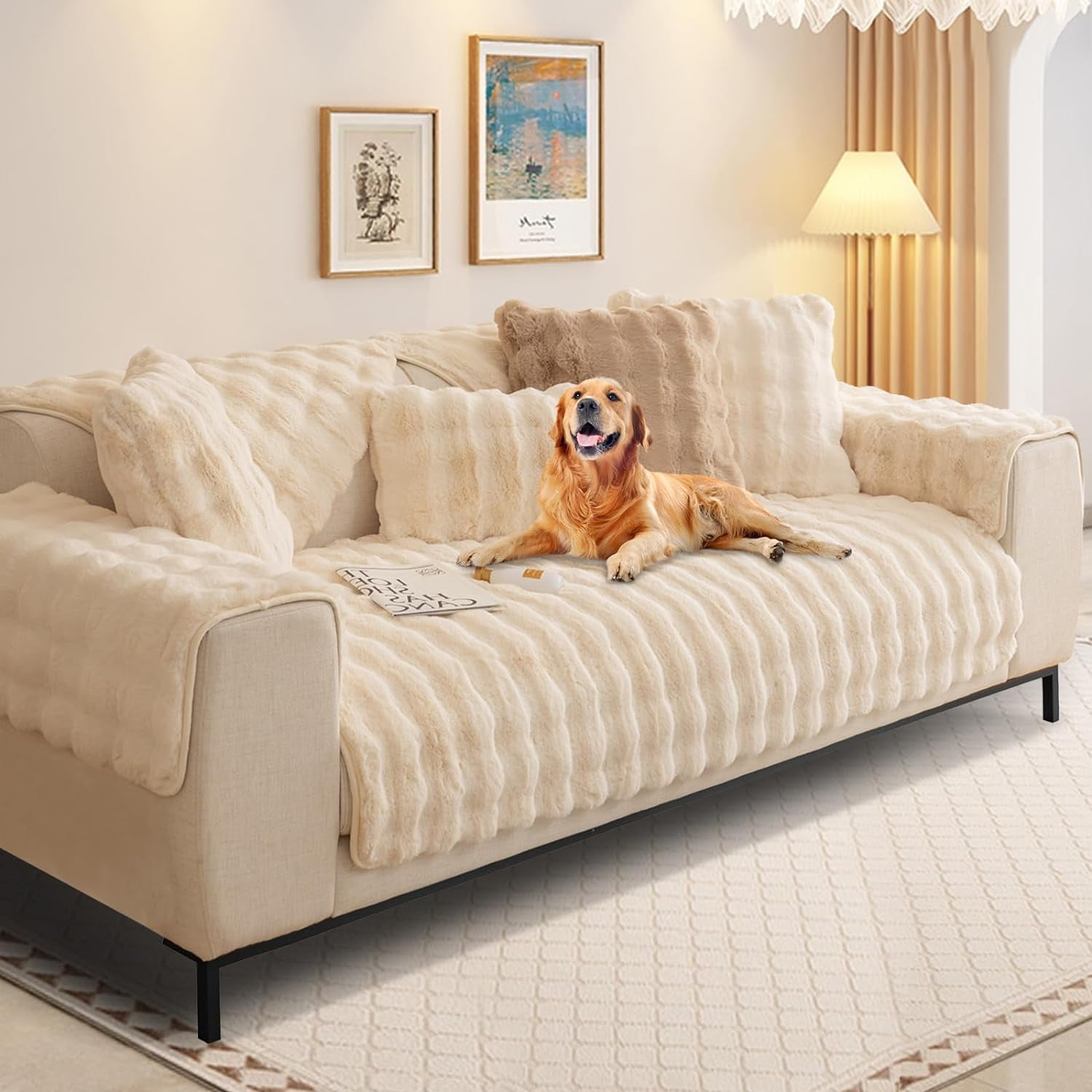 SHANNA Thick Rabbit Plush Sofa Cover 1 2 3 Seater, Non-Slip L Shape ...