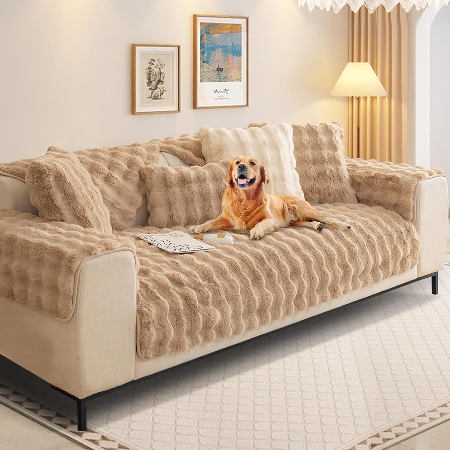 SHANNA Thick Rabbit Plush Sofa Cover 1 2 3 Seater, Non-Slip L Shape ...