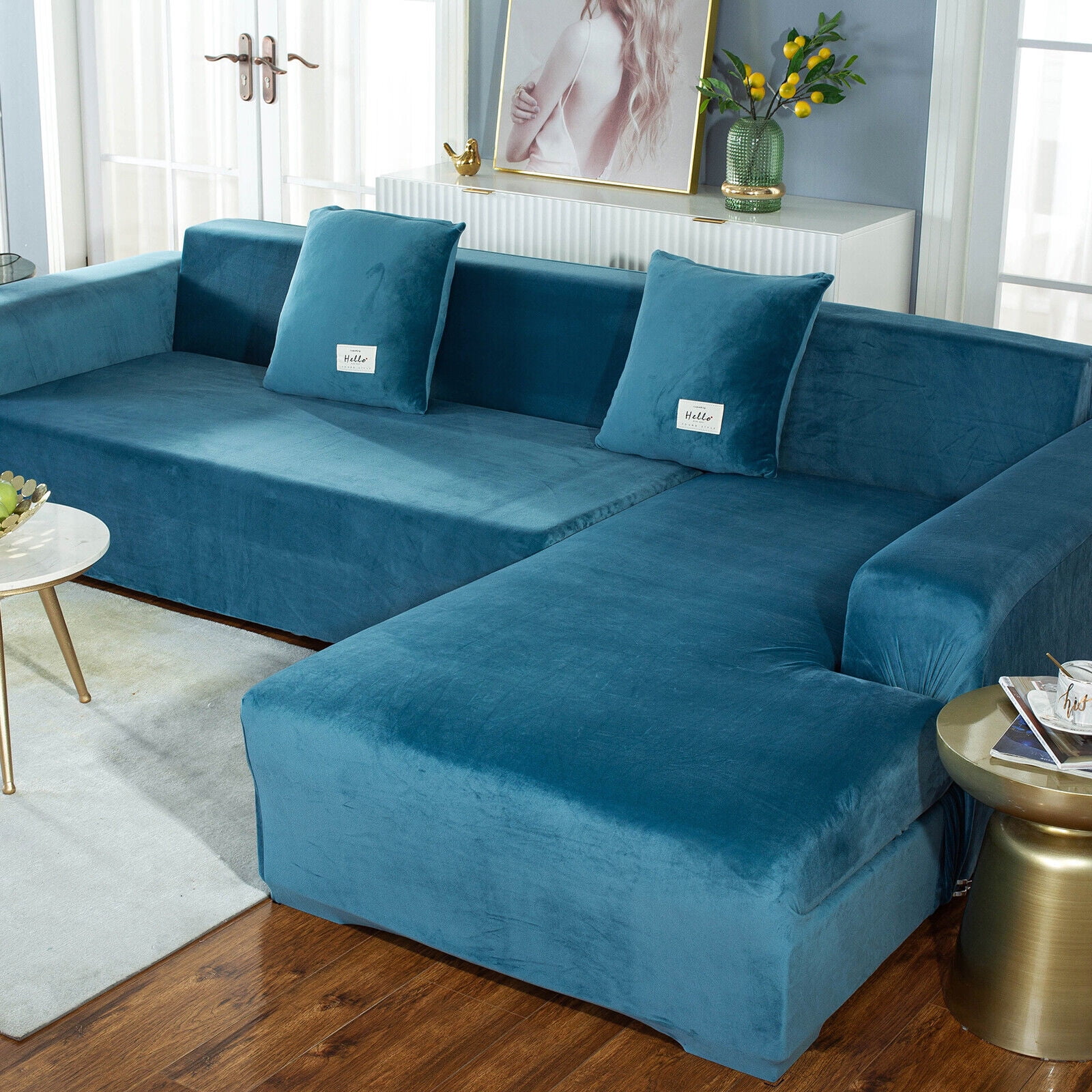 SHANNA Thick Velvet L Shape Sofa Covers, Non-Slip Sectional Couch Cover Protector Plush Sofa Slipcovers with 2pcs pillowcase for Living Room