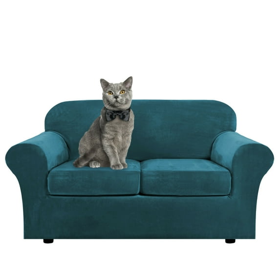 SHANNA Thick Velvet Plush 3 Piece Stretch Sofa Covers Couch Covers for 2 Cushion Couch Non-slip Loveseat Covers (Base Cover +2 Individual Cushion Covers), Deep Water Bue