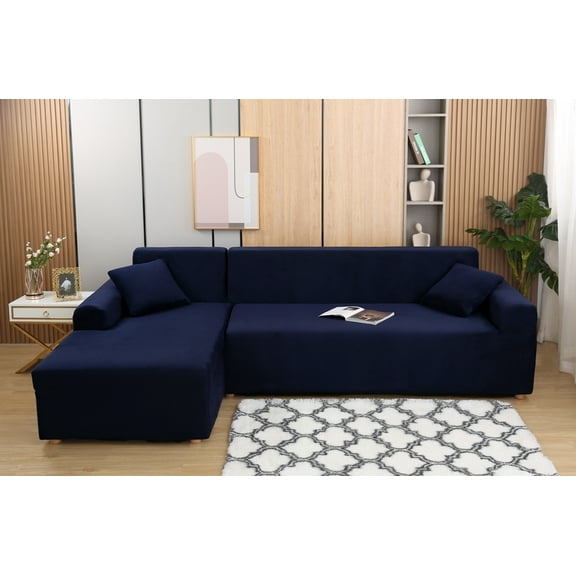 SHANNA Thick Velvet Stretch 2 Pieces L-Shaped Sofa Covers Anti-Slip Sectional Sofa Slipcovers 3 Seats+3 Seats Corner Couch Cover (Blue)