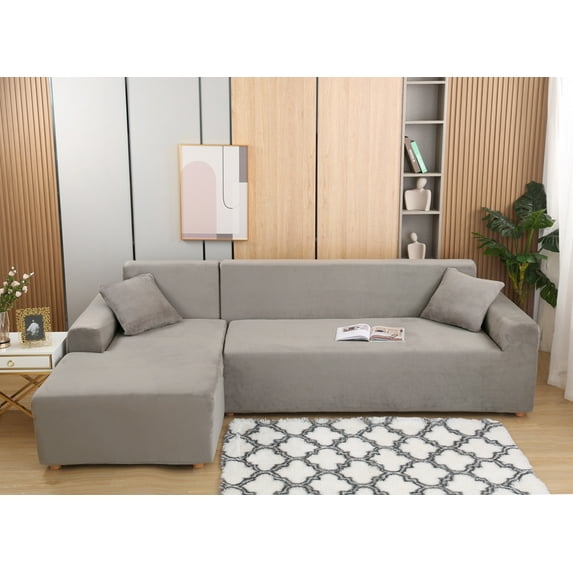 SHANNA Thick Velvet Stretch 2 Pieces L-Shaped Sofa Covers Anti-Slip Sectional Sofa Slipcovers 3 Seats+3 Seats Corner Couch Cover (Silver)