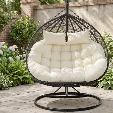 SHANNA Thickened Waterproof Double Egg Chair Cushion Replacement – PP Cotton Pad with Ties, UV-Resistant Outdoor Indoor 2 Seater Swing Chair Cushion for Patio, Garden, Balcony, Beige