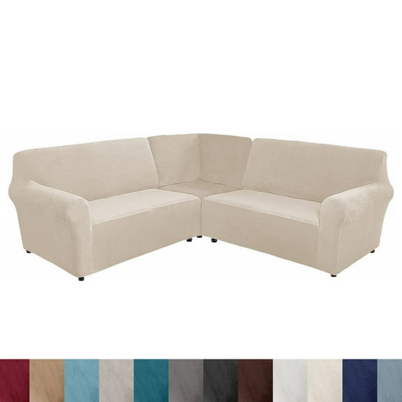 SHANNA Velvet L Shape 5 Seater Sofa Cover, L Shape Couch Covers Corner Sectional Couch Sofa Slipcover Furniture Protector, Beige