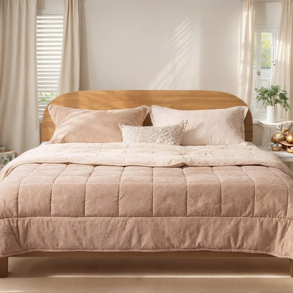 SHANNA Velvet Warm 3Pcs Comforter Sets, Luxury Queen Size Bedding Sets with Fleece Warm Comforters and 2 Pillowcases for Winter Bed Sofa Travel, Camel