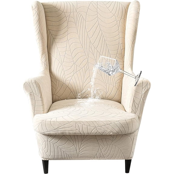 SHANNA Waterproof Wingback Chair Cover, Stretch Jacquard Wing Chair Slipcovers 2 Piece, Wingback Armchair Sofa Furniture Protector, Beige