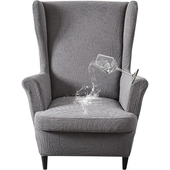 SHANNA Waterproof Wingback Chair Cover, Stretch Jacquard Wing Chair Slipcovers 2 Piece, Wingback Armchair Sofa Furniture Protector, Dark Gray