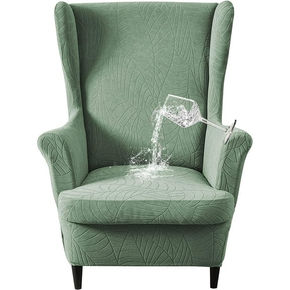SHANNA Waterproof Wingback Chair Cover, Stretch Jacquard Wing Chair Slipcovers 2 Piece, Wingback Armchair Sofa Furniture Protector, Green