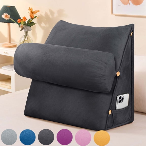SHANNA Wedge Headboard Pillow with Adjustable Neck Support, Triangular Bedrest Lumbar Neck Back Support Pillows for Reading, Gaming, and TV Watching, Black Grey