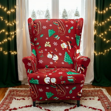 SHANNA Wing Chair Slipcovers, 2 Piece Christmas Print Wingback Chair Cover Stretch Spandex Armchair Covers with Elastic Bottom for Living Room Bedroom