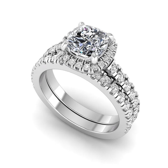 SHANTI JEWEL 1.85 Carat Cushion Lab Grown Diamond (1 Ct, E, VS1) IGI Certified 14K White Gold Halo Engagement Wedding Ring Set For Womens 7 US
