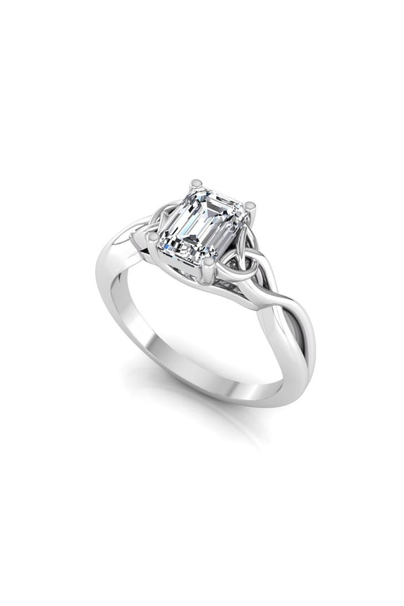 1 Carat Emerald Cut Lab Grown Diamond (E, VS1) IGI Certified 14K White Gold Celtic Knot Solitaire Engagement Ring For Womens 7 US