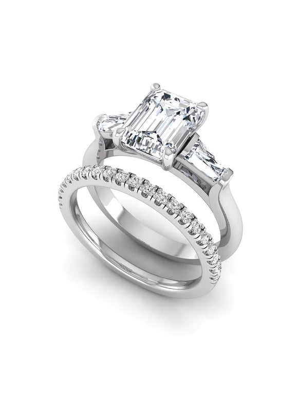2 Carat F VVS2 Emerald Cut Lab Grown Diamond 925 Sterling Silver Three Stone Wedding Ring Set for Women, IGI Certified, 7 US
