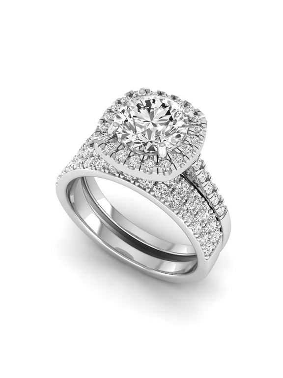 3.15 ctw Lab Grown Diamond Halo Engagement & Wedding Ring Set for Women. 925 Sterling Silver, IGI Certified 2 Ct, D VVS2, 6 US