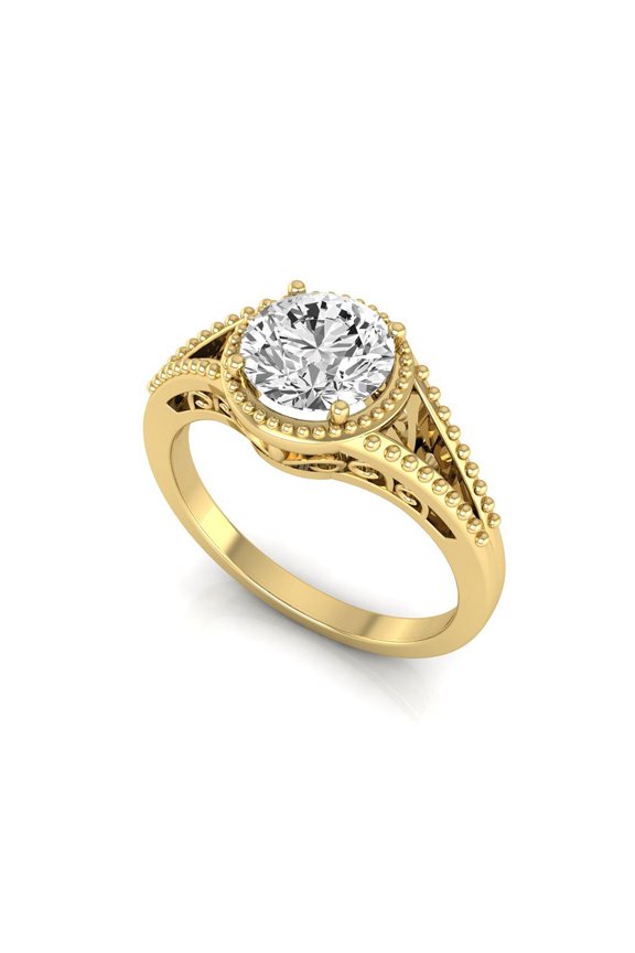 IGI Certified 2 Carat Round Cut Lab Grown Diamond (E, VVS2) 14K Yellow Gold Milgrain Solitaire Engagement Wedding Promise Ring for Womens 9 US