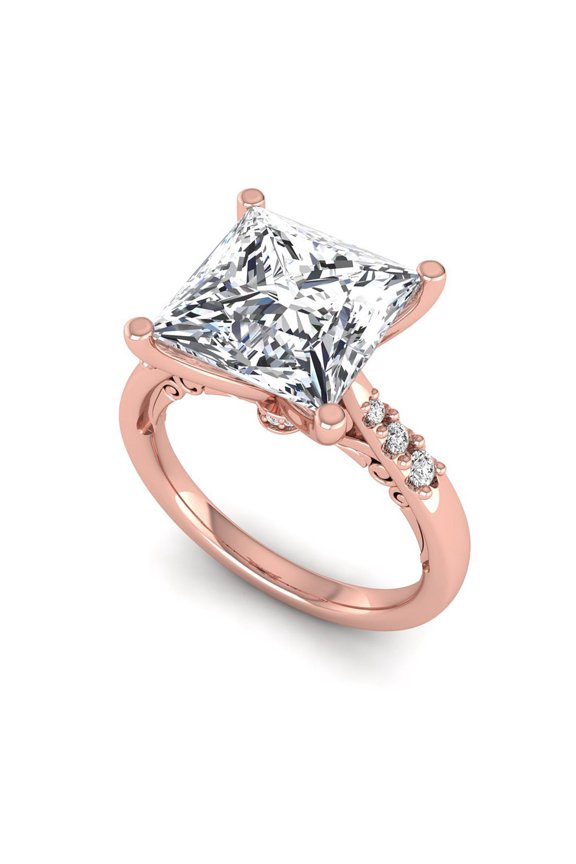 IGI Certified 3.10 Carat Princess Cut Lab Grown Diamond (3 Ct, F, VVS2) Art Deco Work 14K Rose Gold Engagement Ring For Womens 9 US
