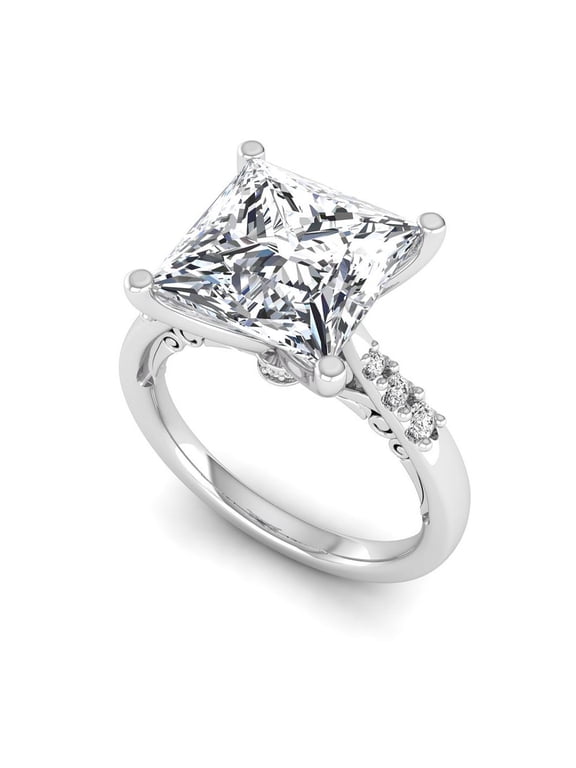 IGI Certified 3.10 Carat Princess Cut Lab Grown Diamond (3 Ct, F, VVS2) Art Deco Work 14K White Gold Engagement Ring for Women 7 US