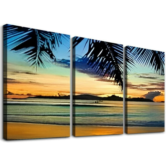 SHANXI  Beach Sunset Canvas Wall Art Tropic Ocean with Palm Tree Leaves Pictures Seascape Prints Contemporary Nature Artwork Wall Decorations for Living Room Bedroom Home Office 12"x16"x3pcs