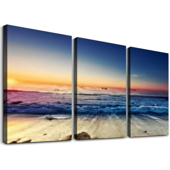 SHANXI Beach Wall Art Sea Ocean Landscape Picture Print Canvas Wall Art Modern Giclee Artwork Home Decor Stretched and Framed Ready to Hang,Waterproof Artwork 12"x16"x3pcs