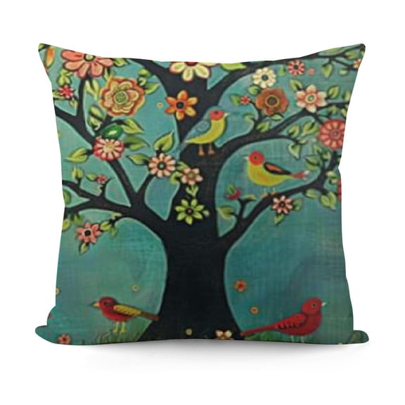SHANXI  Beige Blend Linen Square Decorative Throw Pillow Covers Indoors or Outdoors Cushion Cases, Beige/White/Black(Black Large Tree and Flower Birds) 12x12in