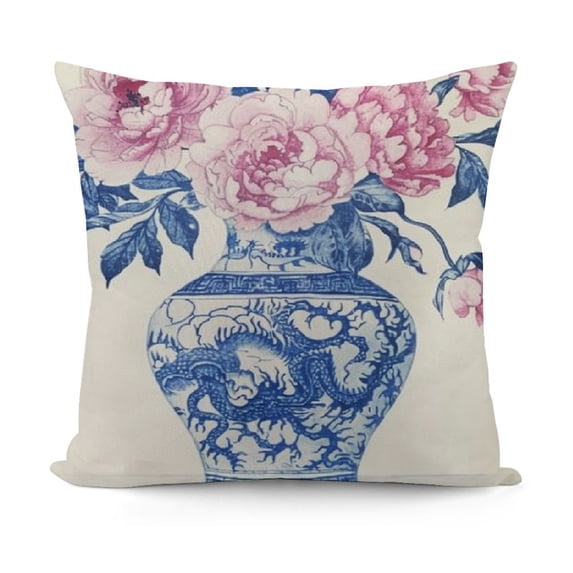SHANXI Blue and Pink Floral Pillow Cover Chinoiserie Porcelain Ginger Jar Grand Millenial Outdoor Farmhouse Decorations Decorative Throw Pillows Cases for Home Living Room Couch Decor 20x20in