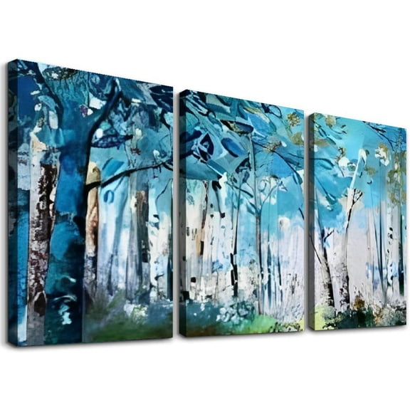 SHANXI Blue Tree Canvas Wall Art Forest Landscape Picture Modern Birch Trees Nature Teal Abstract Painting Artwork, for Home Office Living Room Bedroom Bathroom Wall Decor 12"x16"x3pcs