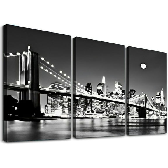 SHANXI Brooklyn Bridge Night View 1 Panels Landscape Artwork Canvas Prints Moon Night New York City Scene Picture Paintings Black and white Wall Art for Oiffce Home Decorations Wall Decor 12"x16"x3pcs