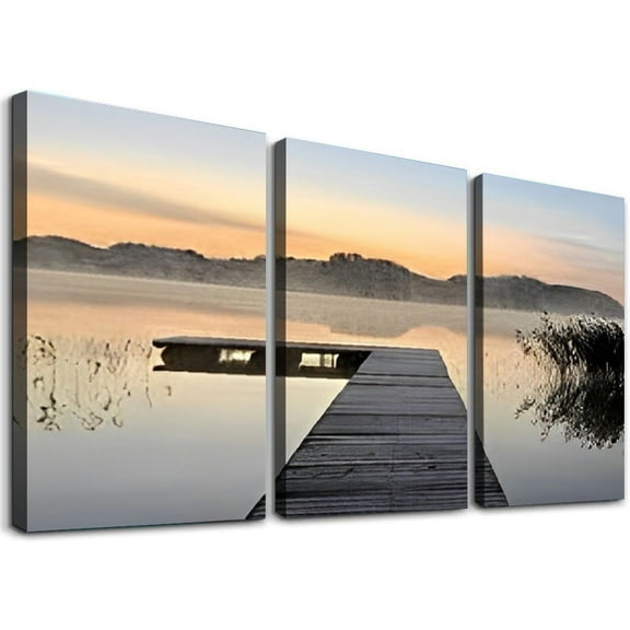SHANXI Canvas Landscape Wall Art Bedroom: Calming Living Room Foggy Picture Modern Home Pier Nature Scene Painting Print Horizontal Dock Forest Mountain Artwork Decor 12"x16"x3pcs