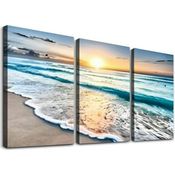 SHANXI Canvas Prints Wall Art Beach Sunset Paintings Ocean Waves Nature Pictures Stretched Canvas Wooden Framed for living Room Bedroom and Home Office Wall Decor  12"x16"x3pcs