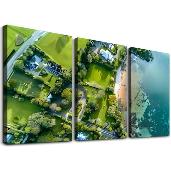 SHANXI Canvas Wall Art Aerial view residential surrounded by sunny ocean Poster Artwork Framed Prints Modern Wall Decor for Living Room Bedroom Restaurant Ready to Hang 12"x16"x3pcs