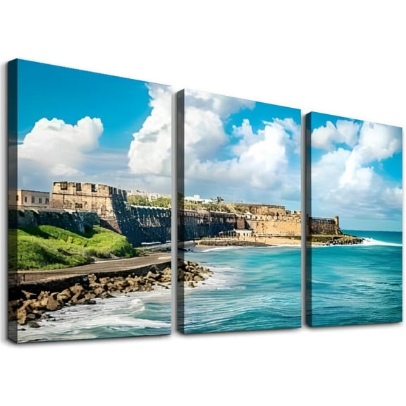 SHANXI Canvas Wall Art Panoramic landscape historical castle Morro along coastline San Poster Artwork Framed Prints Modern Wall Decor for Living Room Bedroom Restaurant Ready to Hang 12"x16"x3pcs