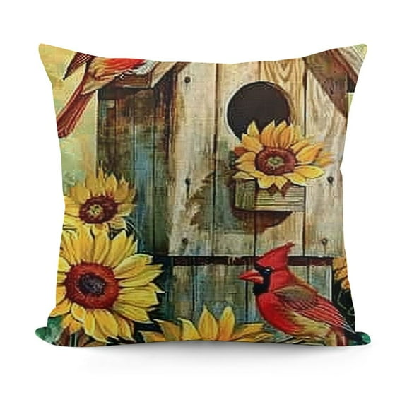 SHANXI Fall Farmhouse Decor Throw Pillow Covers Autumn Harvest Cute Birds Vivid Sunflowers Cushion Cover for Sofa Car 12x12in