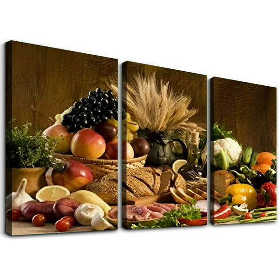 SHANXI Food Wall Art Fruit Canvas Dining Room Brown Picture Kitchen Wall Decor Various Fruit Bread in Basket Picture Print On Canvas Food for Living Room Office Home Decor 12"x16"x3pcs
