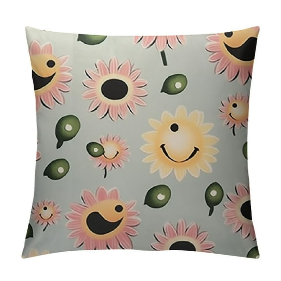 SHANXI Happy Face Flower Preppy Throw Pillow Cover, Hippie Retro Groovy Aesthetic Happy Face Cute Pillowcase Decoration for Sofa Bedroom Living Room, 12x12in