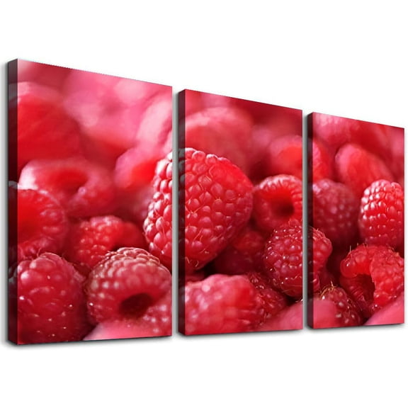 SHANXI Kitchen Wall Decor Canvas Art, Red Raspberry Fruit Canvas Print for Dining Room Decor, Contemporary Fruit Picture Kitchen Framed Painting for Restaurant Decor-Ready to Hang 12"x16"x3pcs