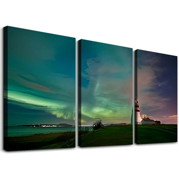 SHANXI Northern lights over Alnes lighthouse Godøy Norway Canvas Wall Art Decor Pictures for Bedroom Wall Decor Above Bed Living Room Wall Decoration Bathroom Office Artwork 12"x16"x3pcs