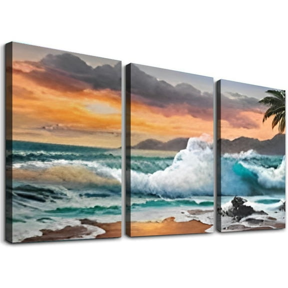 SHANXI Palm Tree Canvas Wall Art Beach Sunset Tropical Picture Blue Ocean, Seascape Painting Framed Panoramic Landscape for Bathroom Living Room Bedroom Home Office Wall Decor 12"x16"x3pcs