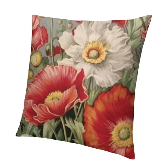 SHANXI Red Poppy Throw Pillow Covers Romantic Garden Flowers Red Poppies with White Daisies Insect Bee Design Pillow Cushion Cover Decor Outdoor Sofa 24x24in