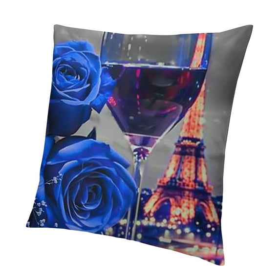 SHANXI Rose Wine Glass Throw Pillow Covers, Eiffel Tower Pillow Covers Blue Black Rose Floral Cushion Cases, Banquet Flower Blossom Romantic Valentine's Day Decorative 18x18in