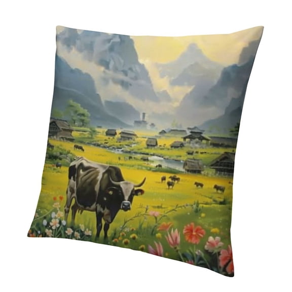 SHANXI Spring Cow Flower Oil Painting Pillowcase - Decorative Cushion Cover Featuring a Cozy Cottage Mountain Scene in Green and Yellow  12x12in