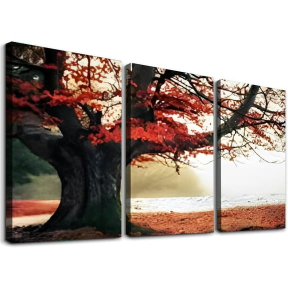 SHANXI Stunning Nature Landscape Wall Art - Canvas Artwork of Sunrise Forest Scenery with Red Leaves. Perfect Wall Decoration for Living Room, Bedroom and More 12"x16"x3pcs