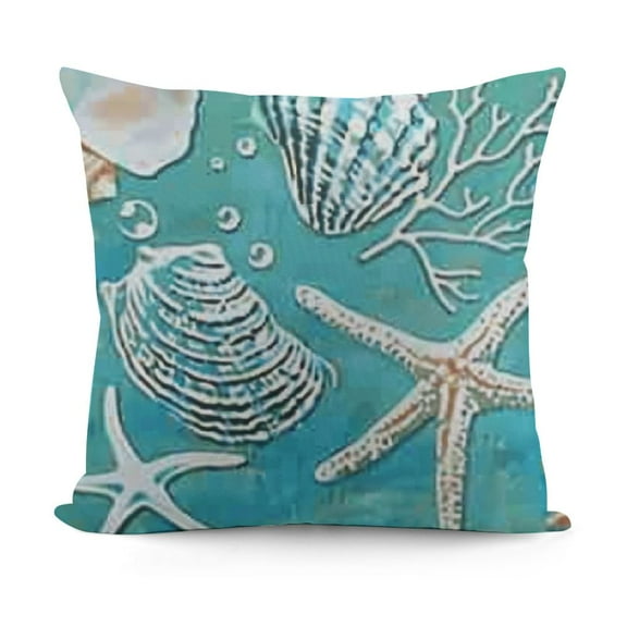 SHANXI  Summer Teal Pillow Covers Nautical Coastal Coral Starfish Seashell Throw Pillow Covers Beach Square Cushion Case for Sofa Bed Couch Indoor Outdoor Home Decor 12x12in